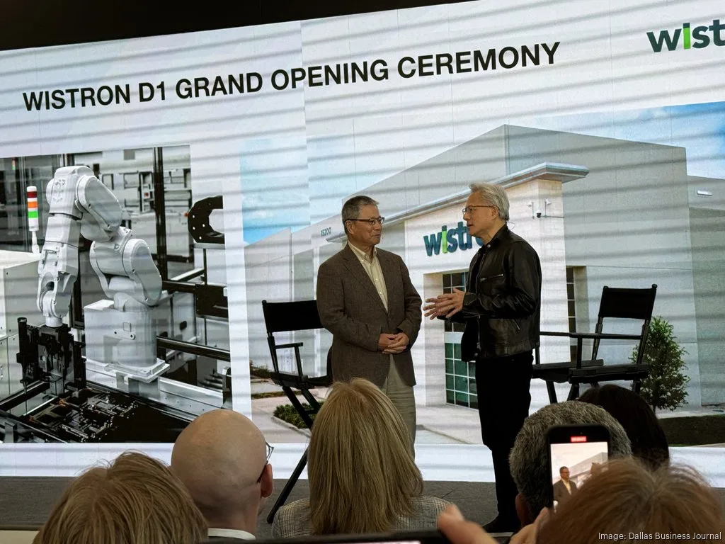 Nvidia CEO Jensen Huang and Wistron leadership on stage at the Wistron D1 Grand Opening Ceremony — Dallas Business Journal