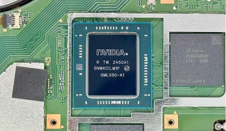 Close-up of an NVIDIA processor and SK hynix memory on a circuit board